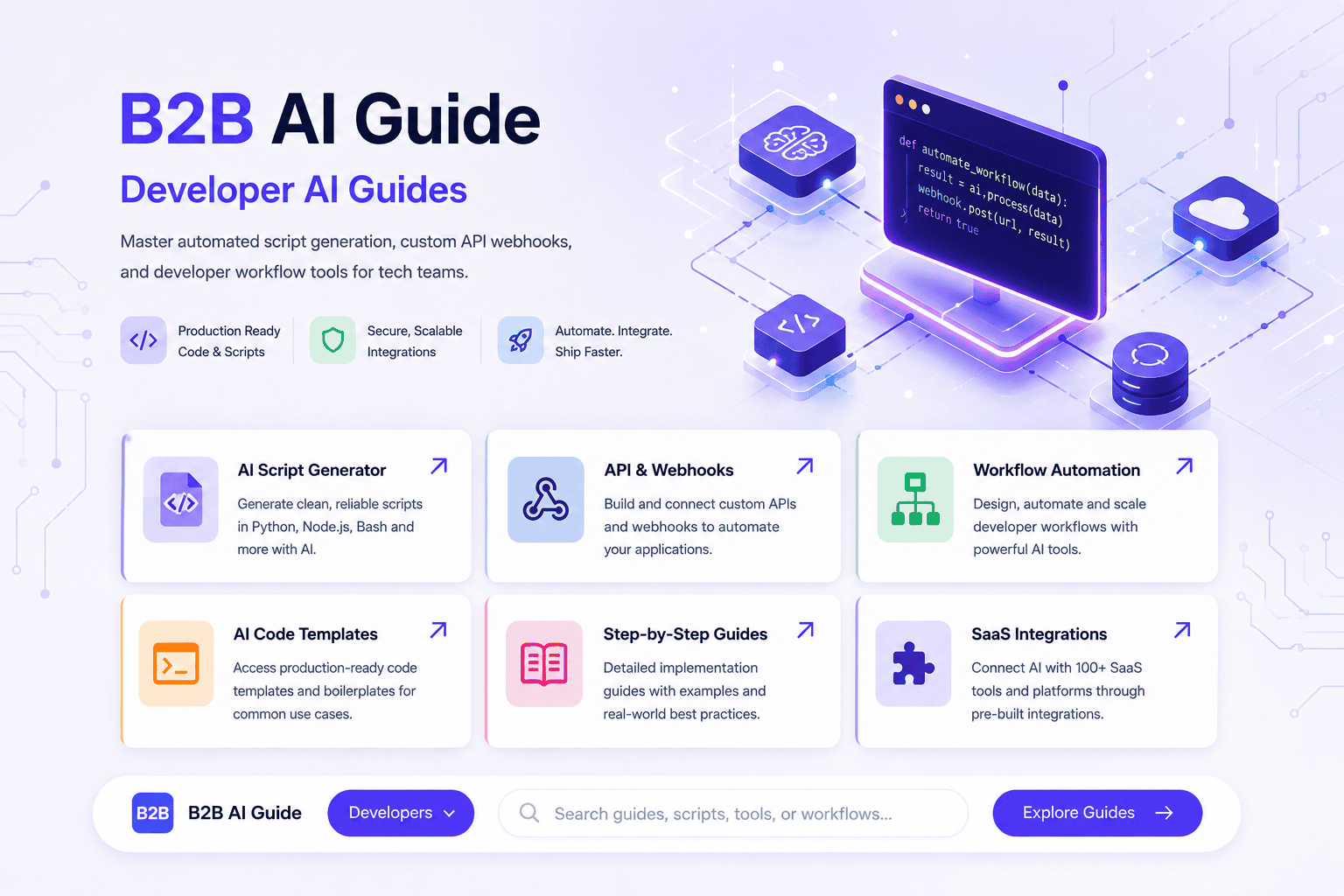 Enterprise AI automation, custom API webhooks, developer script generation (Python, Node.js, Bash), prompt engineering frameworks, and SaaS workflow integrations.